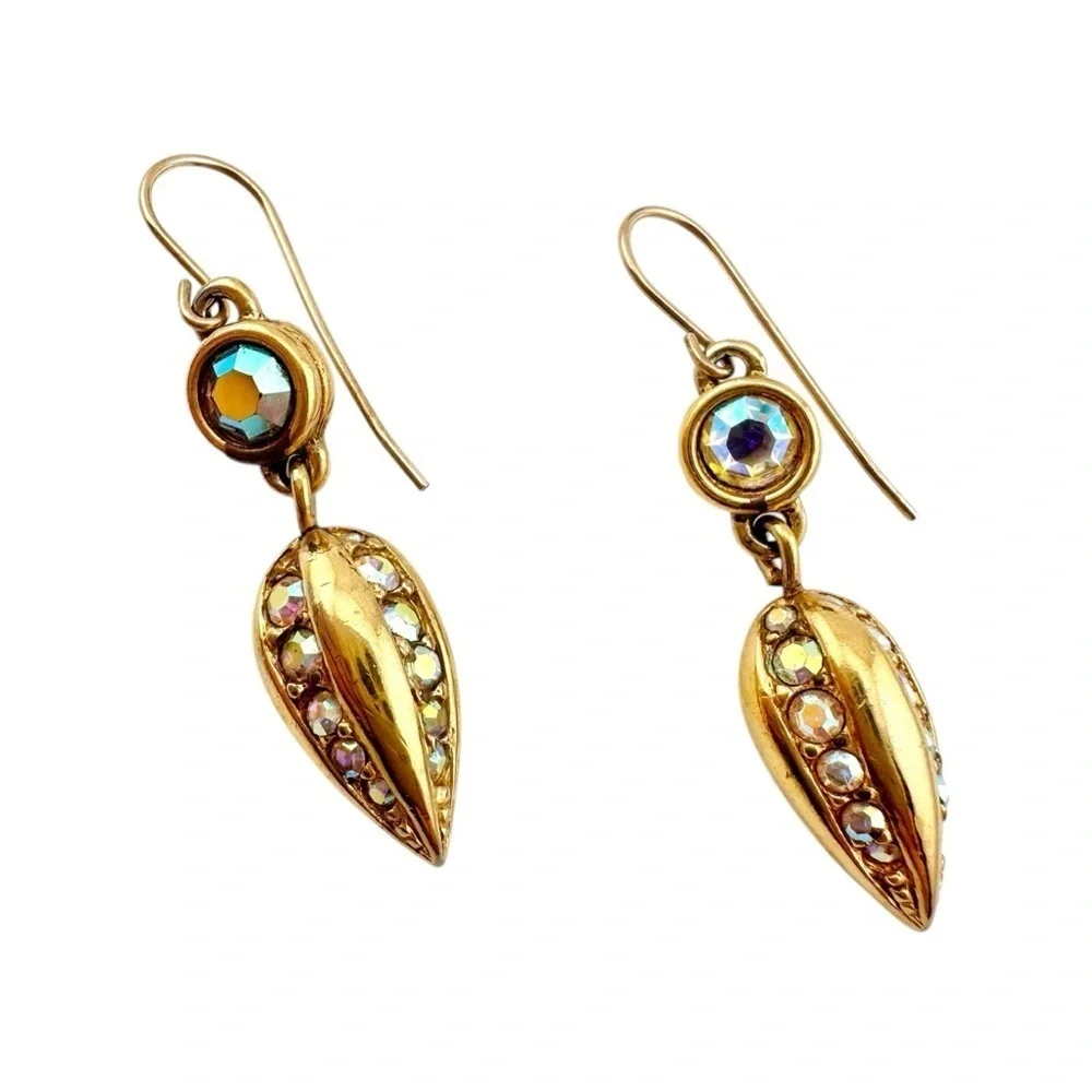 Vintage Swarovski Earrings, Iridescent Gold and Blue Drop Crystals
